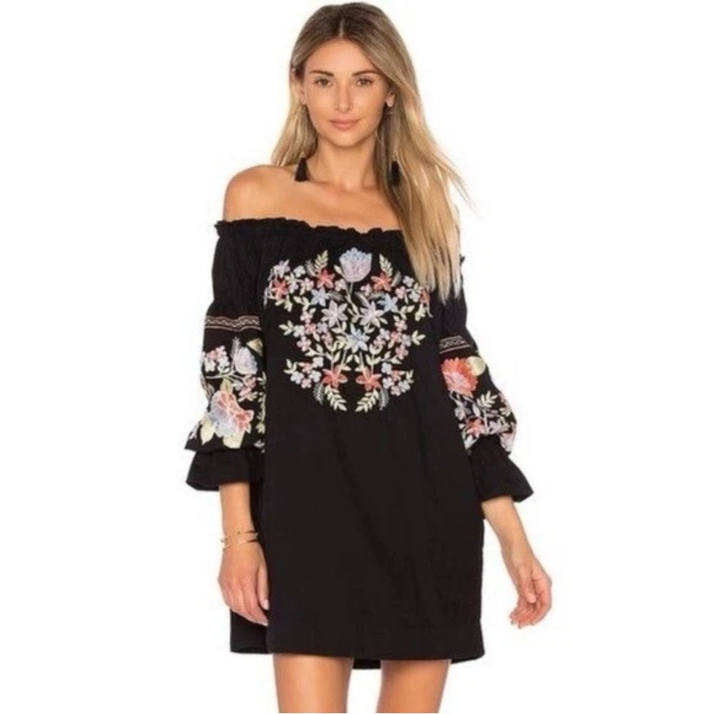 Free People Fleur Du Jour Embroidered Off Shoulder Mini Dress Black Women’s Sz M